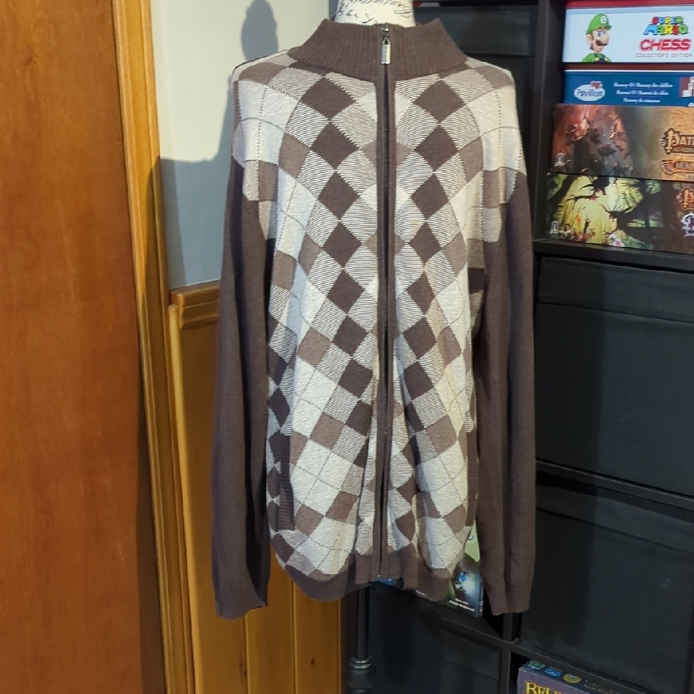 Size L Pierre Cardin Brown Argyle Zip-Front Men's Sweater - Picture 2 of 16
